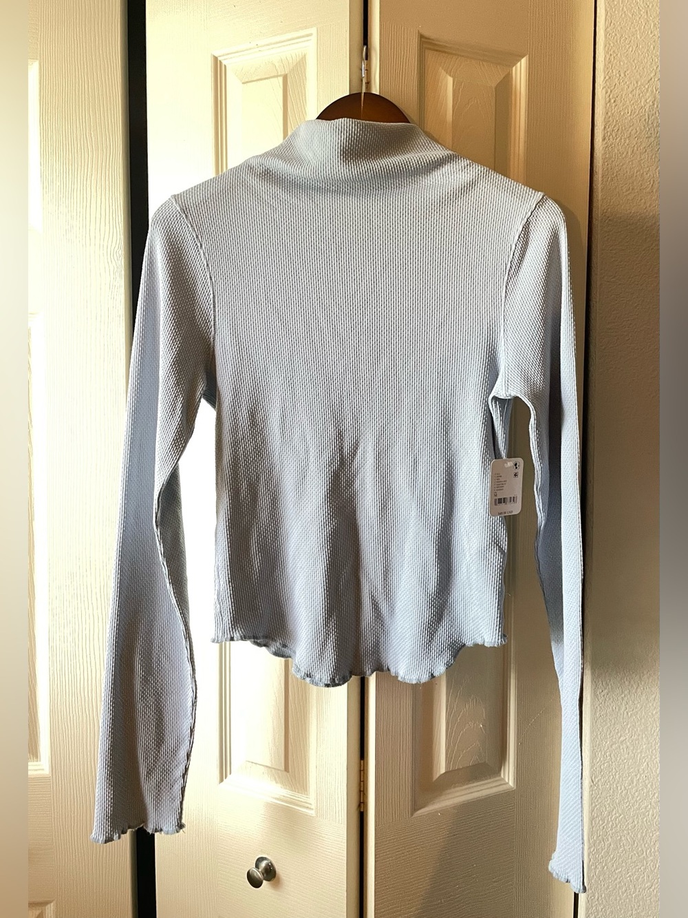 We The Free Light Blue Ribbed Mock-Neck Long Sleeve Top